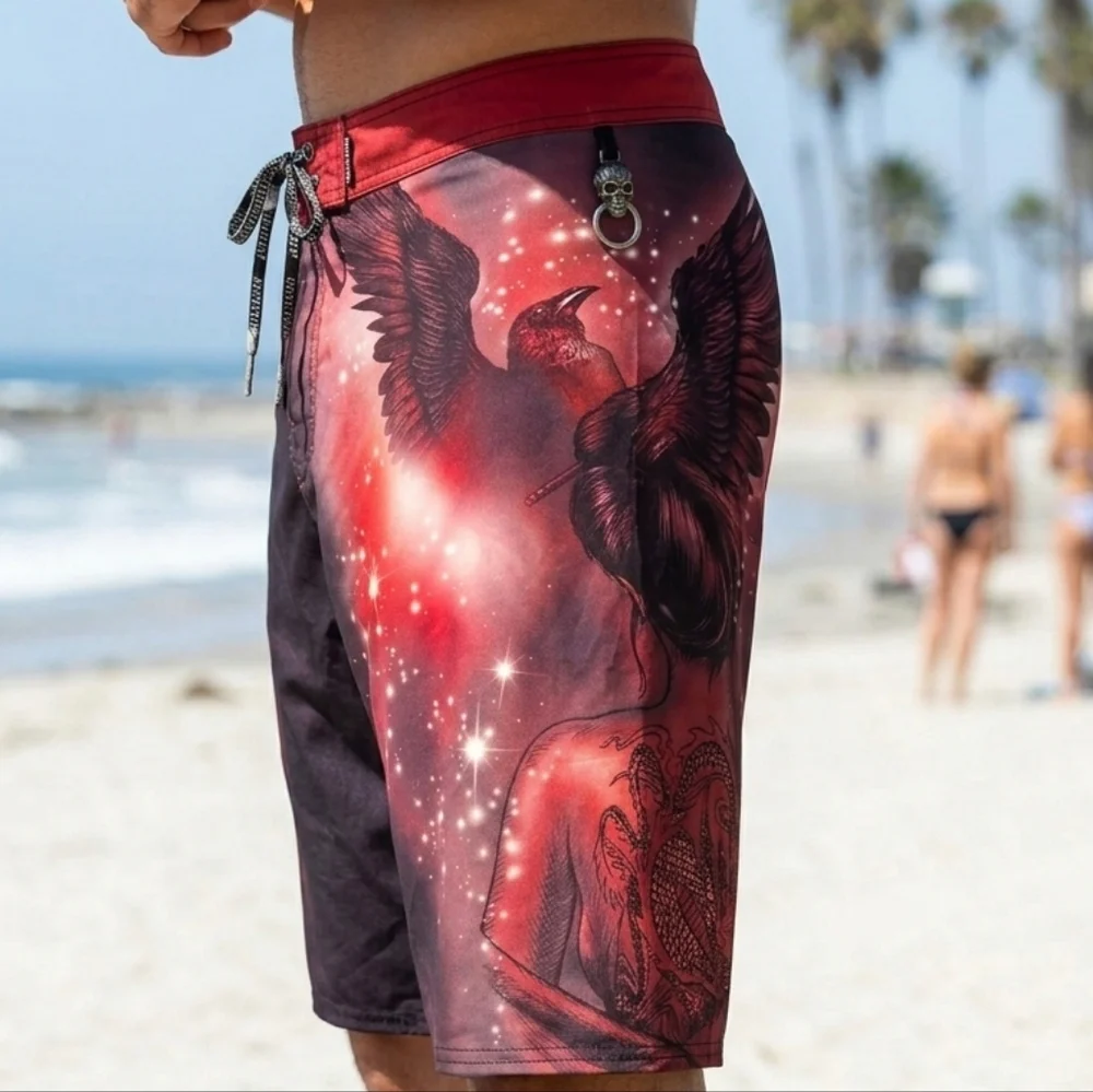 Affliction Board Shorts Men’s 42 Red Black Crow Dragon Graphic Swim Trunks